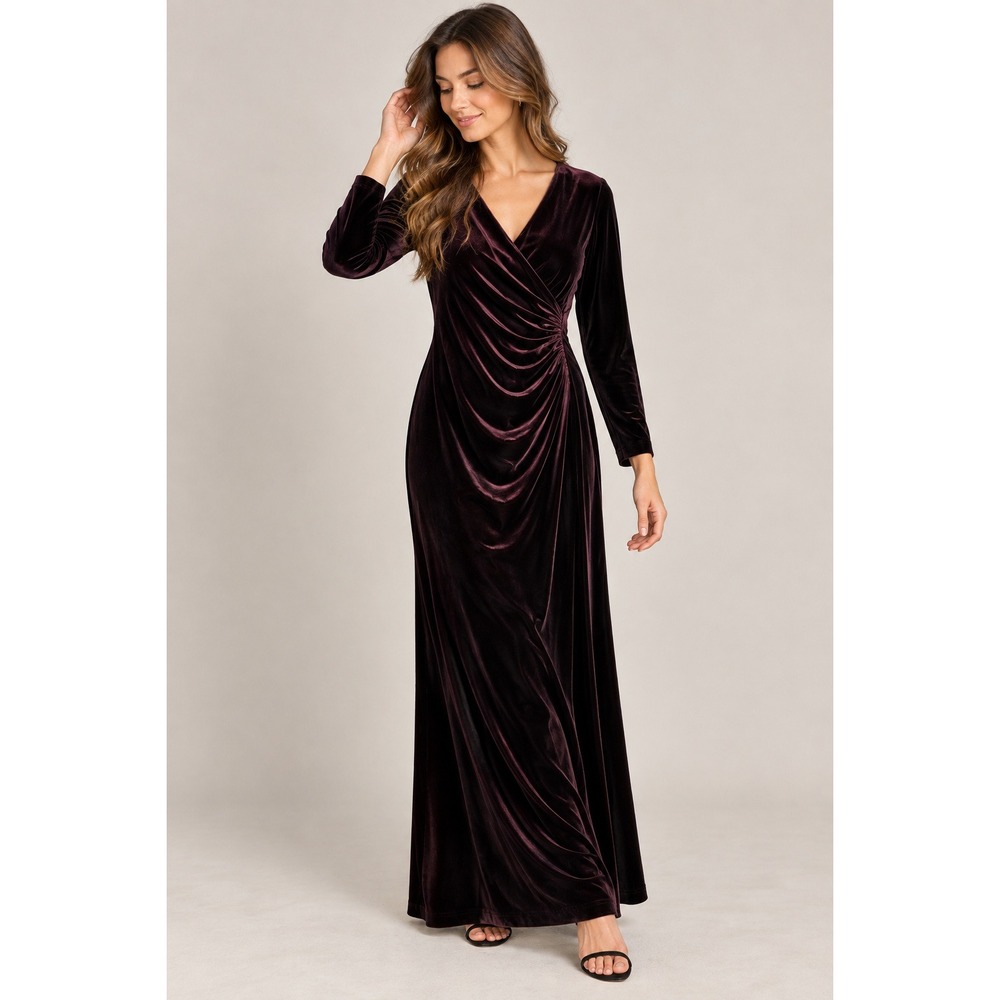 Tadashi Velvet Maxi Dress Womens Size M Brown Long Sleeve Ruched Wrap Gown